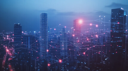 Fototapeta premium Smart digital Innovation city with connection network reciprocity over the twilight cityscape. of future smart wireless digital city and social media networking systems that connects people with city 