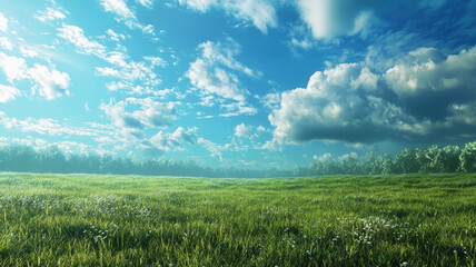 Peaceful Green Meadow with Blue Sky and White Clouds in a Serene Natural Landscape.