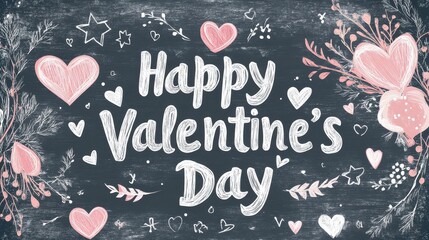 Happy Valentine's Day Chalkboard Design with Hearts and Flowers