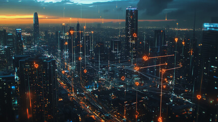 Fototapeta premium Smart digital Innovation city with connection network reciprocity over the twilight cityscape. of future smart wireless digital city and social media networking systems that connects people with city 
