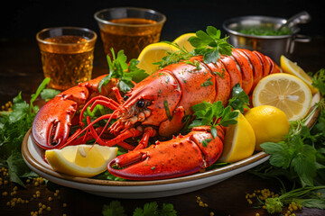 Freshly prepared lobster served with lemon and herbs on a wooden table, garnished elegantly for a gourmet dining experience