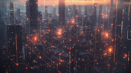 Obraz premium Smart digital Innovation city with connection network reciprocity over the twilight cityscape. of future smart wireless digital city and social media networking systems that connects people with city 