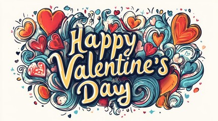 Colorful Happy Valentine's Day Design with Hearts and Swirls