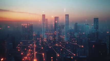 Fototapeta premium Smart digital Innovation city with connection network reciprocity over the twilight cityscape. of future smart wireless digital city and social media networking systems that connects people with city 