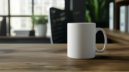 Fototapeta premium White coffee mug placed on a wooden desk in a well-lit office environment during daytime. Generative AI