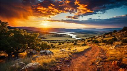 Naklejka premium Beautiful sunset over a winding river and expansive landscape with dramatic clouds in a tranquil rural setting