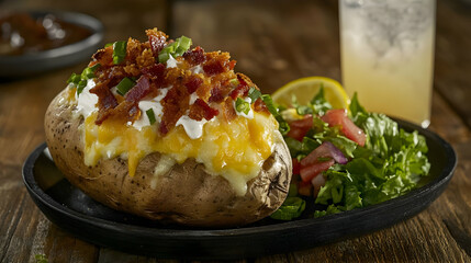 Crispy Bacon and Cheese Loaded Baked Potato with Side Salad