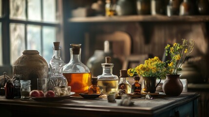 Rustic kitchen with bottles, flowers, and natural sunlight