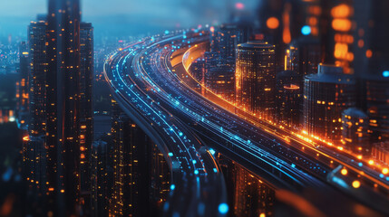 Fototapeta premium Smart digital Innovation city with connection network reciprocity over the twilight cityscape. of future smart wireless digital city and social media networking systems that connects people with city 
