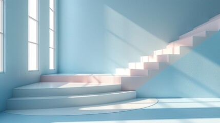 Obraz premium Blue and White Minimalist Interior with Stairs