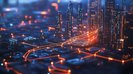Smart digital Innovation city with connection network reciprocity over the twilight cityscape. of future smart wireless digital city and social media networking systems that connects people with city
