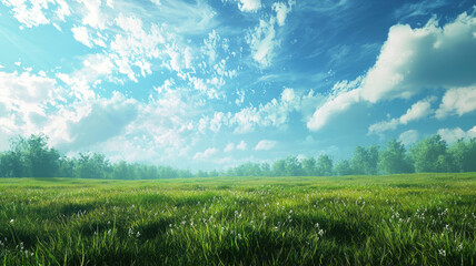 Peaceful Green Meadow with Blue Sky and White Clouds in a Serene Natural Landscape.