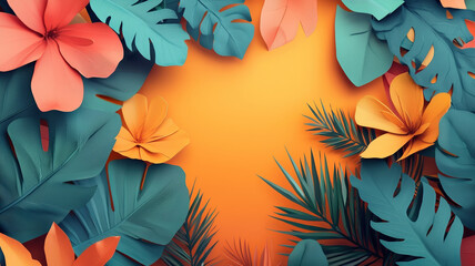 Captivating array of tropical flowers and leaves in warm, blurred setting.