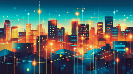 Smart digital Innovation city with connection network reciprocity over the twilight cityscape. of future smart wireless digital city and social media networking systems that connects people with city
