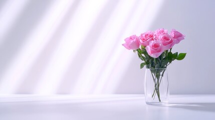 Fototapeta premium Delicate Blush Pink Garden Roses in Glass Vase - A bouquet of blush pink roses, symbolizing love, beauty, grace, purity, and new beginnings, sits in a clear glass vase against a bright, sunlit backgro