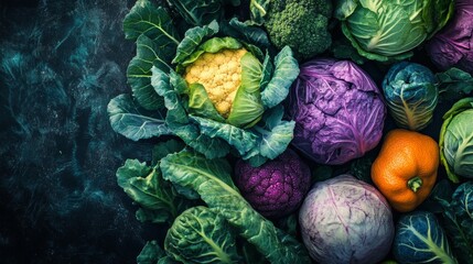 Colorful variety of cabbages and vegetables on a dark rustic surface
