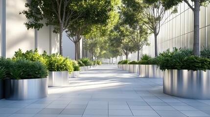 Obraz premium Tranquil Urban Oasis: A Serene Pathway Lined with Lush Greenery and Modern Architecture