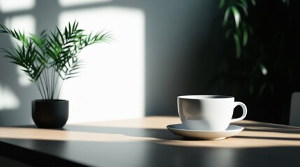 Minimalist office desk with a coffee cup and potted plant in natural light