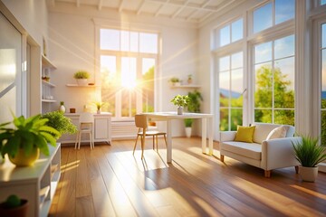 Sunlit Minimalist White Interior: Tilt-Shift Home Design Stock Photo