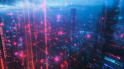 Obraz premium Smart digital Innovation city with connection network reciprocity over the twilight cityscape. of future smart wireless digital city and social media networking systems that connects people with city 