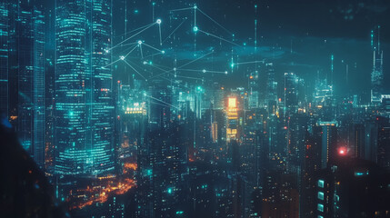 Smart digital Innovation city with connection network reciprocity over the twilight cityscape. of future smart wireless digital city and social media networking systems that connects people with city

