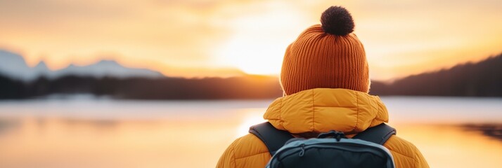 A person wearing a yellow jacket and a hat is standing by a lake