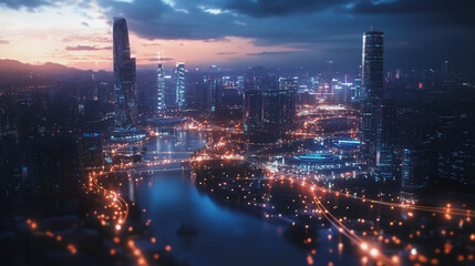 Fototapeta premium Smart digital Innovation city with connection network reciprocity over the twilight cityscape. of future smart wireless digital city and social media networking systems that connects people with city 