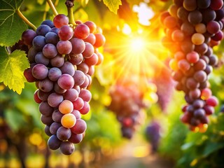 Sunlit Vineyard Grapes: Close-up of Ripe, Juicy Grapes Hanging on Vine