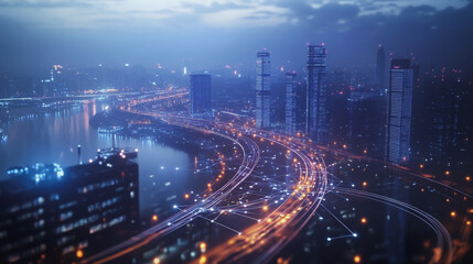 Obraz premium Smart digital Innovation city with connection network reciprocity over the twilight cityscape. of future smart wireless digital city and social media networking systems that connects people with city 