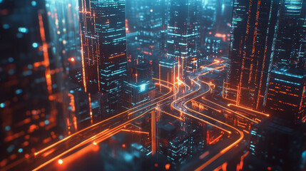 Smart digital Innovation city with connection network reciprocity over the twilight cityscape. of future smart wireless digital city and social media networking systems that connects people with city
