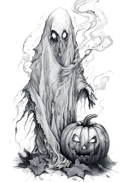 ghost with pumpkin halloween monochrome art clip art preview
