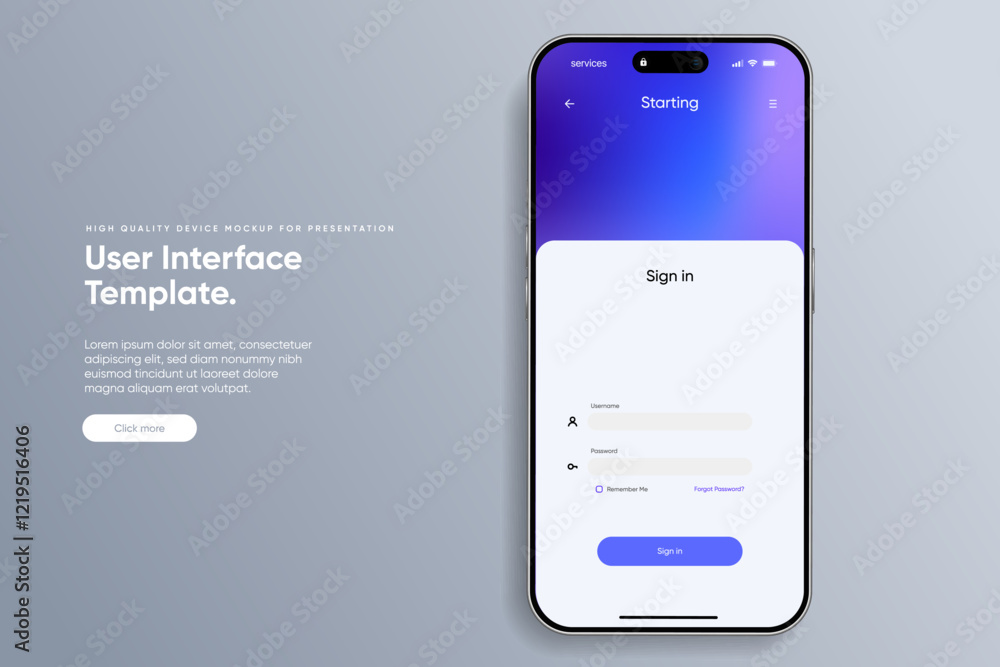 Aufkleber Log in screen. Mobile application interface, registration form with login and password fields. Website UI UX with buttons and network account sign. Vector web page mockup for smartphone.