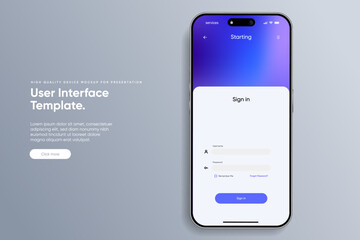 Log in screen. Mobile application interface, registration form with login and password fields. Website UI UX with buttons and network account sign. Vector web page mockup for smartphone.