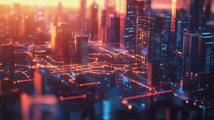 Obraz premium Smart digital Innovation city with connection network reciprocity over the twilight cityscape. of future smart wireless digital city and social media networking systems that connects people with city 