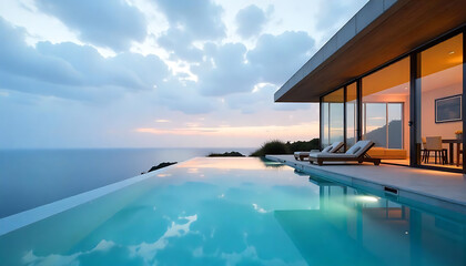Fototapeta premium Modern Architecture: Glass Facade, Infinity Pool, Lounge Chairs, and Breathtaking Sunset Sky Views
