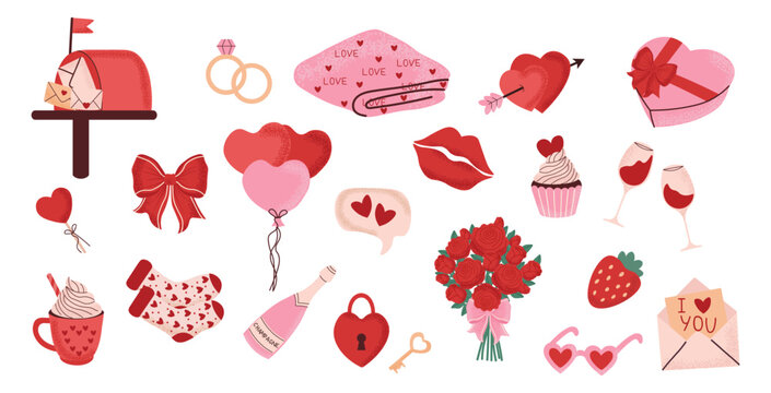 A collection of romantic Valentine's Day  love symbols. Cute hearts, roses, gifts, balloons, chocolates, wine glasses, and other love-themed objects