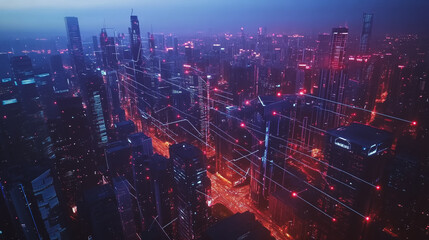 Fototapeta premium Smart digital Innovation city with connection network reciprocity over the twilight cityscape. of future smart wireless digital city and social media networking systems that connects people with city 