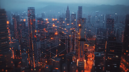 Fototapeta premium Smart digital Innovation city with connection network reciprocity over the twilight cityscape. of future smart wireless digital city and social media networking systems that connects people with city 