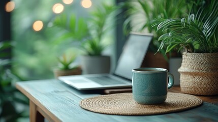 Cozy desk setup with plants and natural elements