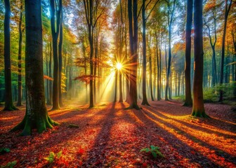 Fototapeta premium Sunrise Forest Photography: Golden Light Filtering Through Trees, Long Shadows on Leaf-Covered Ground