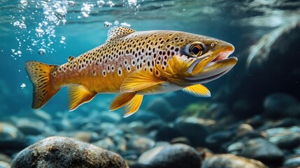 Naklejka premium A brown trout swimming underwater, surrounded by clear blue water with bubbles rising to the surface.