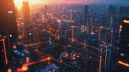 Obraz premium Smart digital Innovation city with connection network reciprocity over the twilight cityscape. of future smart wireless digital city and social media networking systems that connects people with city 