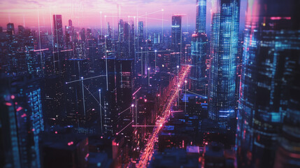 Obraz premium Smart digital Innovation city with connection network reciprocity over the twilight cityscape. of future smart wireless digital city and social media networking systems that connects people with city 