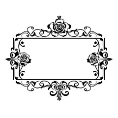 Elegant Floral Frame with Roses: Vintage Decorative Border, Black and White Vector Design, Classic Romantic Ornament, Wedding Template
