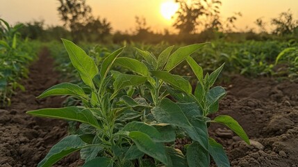 ashwagandha plants growing in a field at sunset, with warm golden hues lighting up the leaves and soil