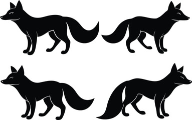 Four Black Fox Silhouettes Side Profiles, Vector Graphics, Wildlife Art