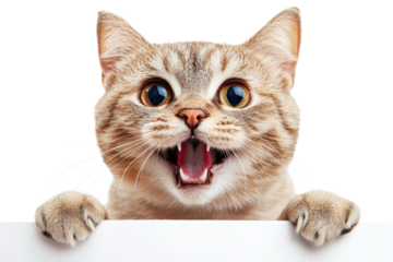 Excited kitten with wide eyes and open mouth peeking isolated on transparent background.