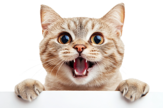 Excited kitten with wide eyes and open mouth peeking isolated on transparent background.