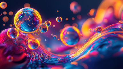 Shiny soap bubbles reflecting vibrant colors floating on a liquid surface with a dreamy effect.