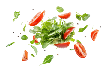 Fresh arugula leaves and tomato slices with peppercorns floating in the air isolated on transparent background